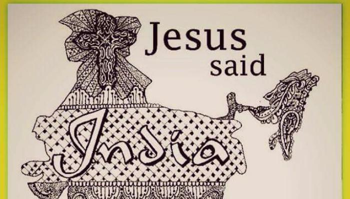 Intricate patterned map of India with a Christian cross and text reading "Jesus said India".
