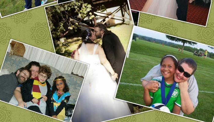 Collage of family photos featuring a wedding kiss, kids in costumes, and a mother hugging her daughter at soccer.