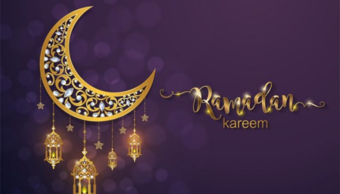 Ornate gold crescent moon with jewels, hanging lanterns, and "Ramadan kareem" calligraphy on a purple background.