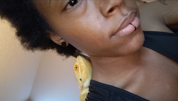 Close-up selfie of a person with a lip piercing and a yellow bearded dragon perched on their shoulder.