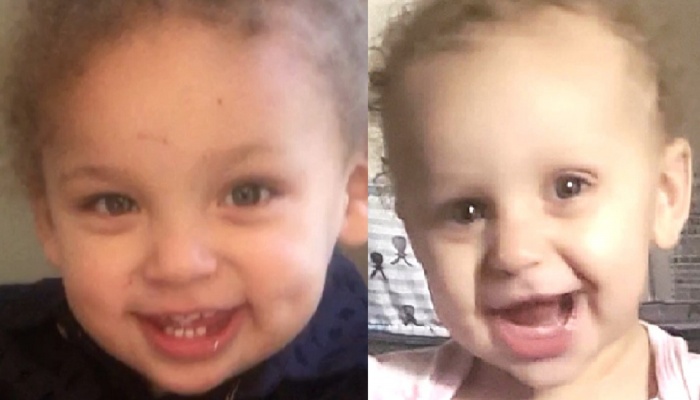 Side-by-side close-ups of a cheerful toddler with curly hair smiling at the camera.