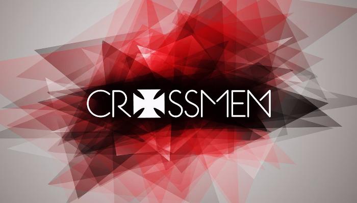 Stylized CROSSMEN logo with a cross as the letter O, over an abstract background of red and black triangles.