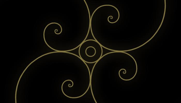 Elegant gold spiral flourishes branching from a central circular pattern on a black background.