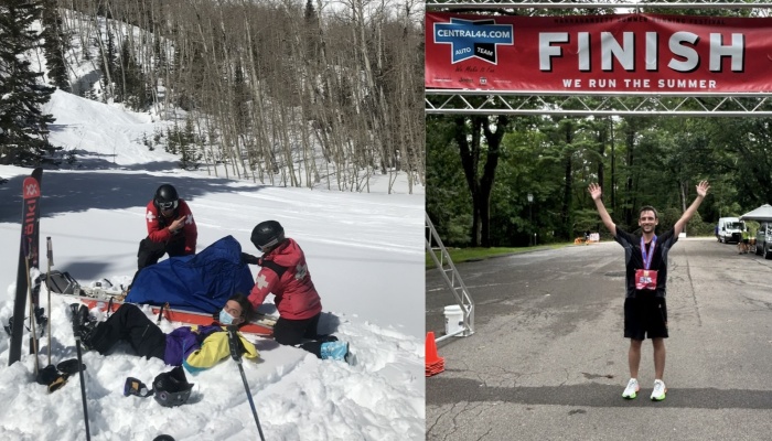 Side-by-side view of an injured skier receiving help and later celebrating at a race finish line.