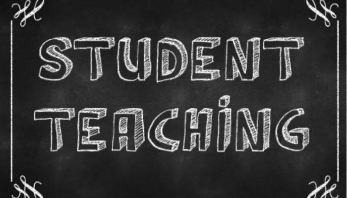 The words "STUDENT TEACHING" in 3D white chalk style on a chalkboard background with decorative corner flourishes.