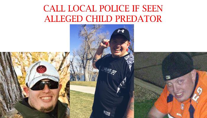 Red text "CALL LOCAL POLICE IF SEEN ALLEGED CHILD PREDATOR" above three photos of a man wearing different hats.