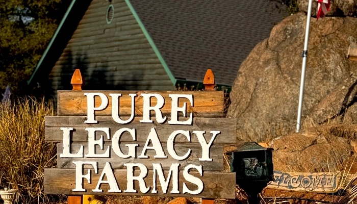 Rustic wooden sign reading "PURE LEGACY FARMS" in front of a farm building and large boulder.