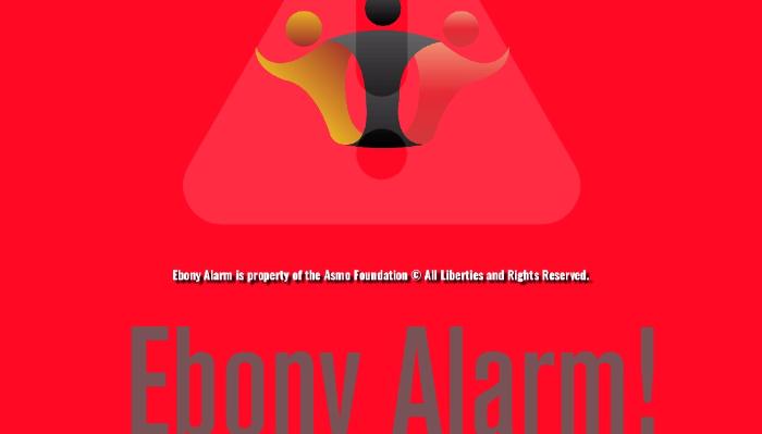 Ebony Alarm graphic featuring three stylized figures in a red triangle with the title 'Ebony Alarm!' below.