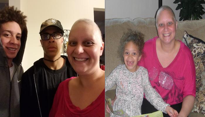 Side-by-side photos of a smiling bald woman posing with two young men and sitting on a couch with a young girl.