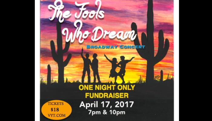 Poster for "The Fools Who Dream" Broadway concert with silhouetted dancers and cacti against a vibrant desert sunset.