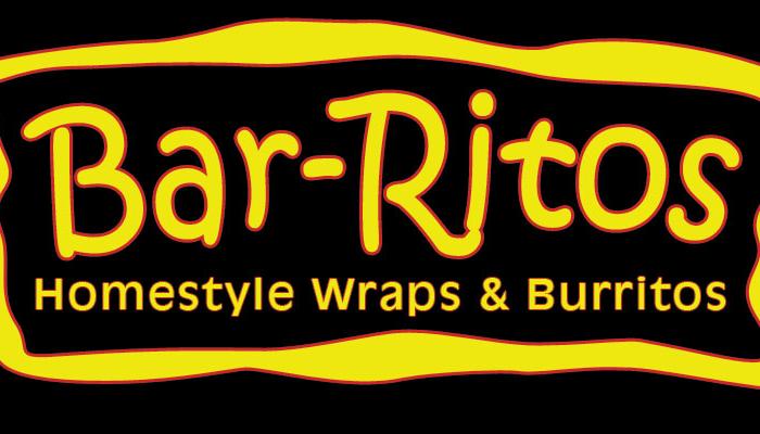 Logo for Bar-Ritos reading "Bar-Ritos Homestyle Wraps & Burritos" in yellow stylized text on a black background.