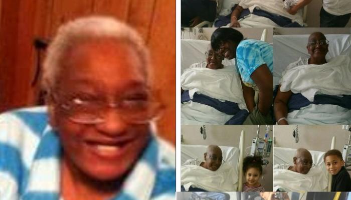 Collage featuring a smiling elderly woman alongside photos of family visiting her in a hospital bed.
