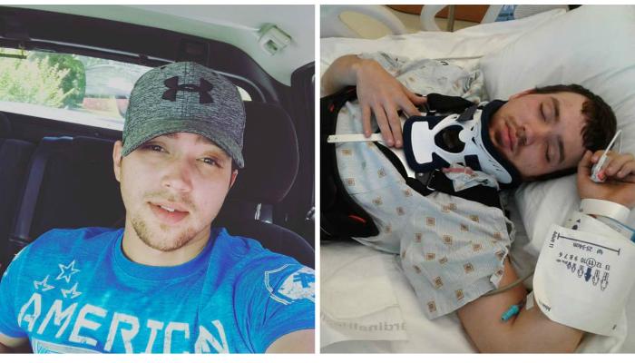 Side-by-side photos of a young man healthy in a car, and injured in a hospital bed wearing a neck brace.