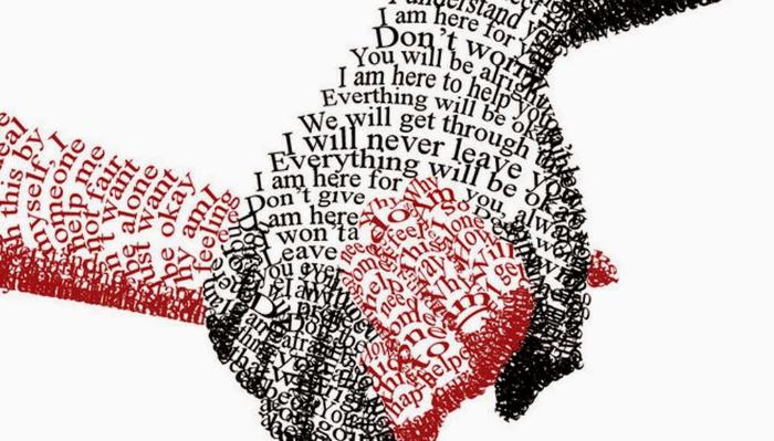 Typography illustration of two clasped hands formed by red distressed text and black supportive text.