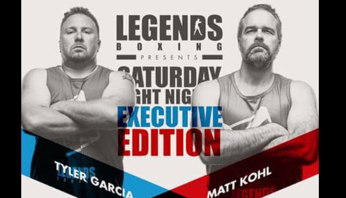 Legends Boxing promo poster featuring boxers Tyler Garcia and Matt Kohl posing with arms crossed.