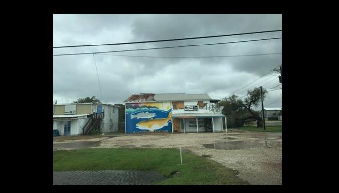 A storm-damaged building with a large fish mural painted on its side under a cloudy sky.