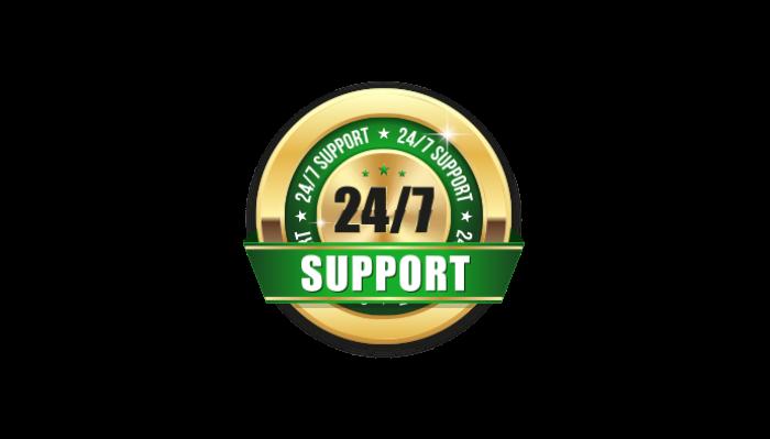 Gold circular seal with a green banner reading 24/7 SUPPORT