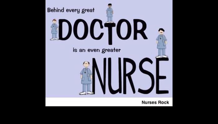 Graphic text reading, "Behind every great DOCTOR is an even greater NURSE" with cartoon medical workers around the letters.