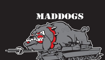 Fierce grey bulldog mascot combined with a military tank below bold white text reading "MADDOGS".