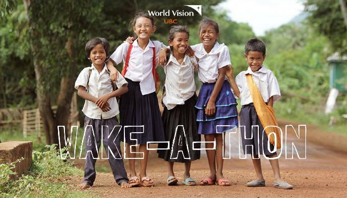 Five smiling children in school uniforms stand together outdoors with text overlay reading WAKE-A-THON.