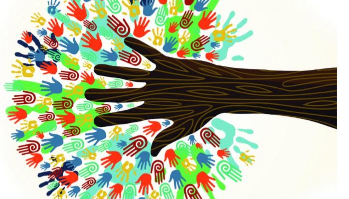 A stylized tree made of colorful handprints branching out from a large brown hand trunk.