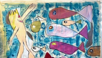 Whimsical painting of a person swimming among colorful, stylized fish in a vibrant blue underwater scene.