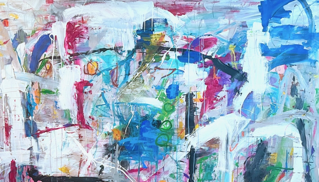 Vibrant abstract painting featuring expressive brushstrokes and drips in bright blue, magenta, white, and yellow.