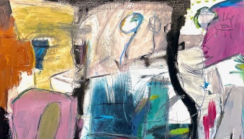 Abstract expressionist painting with bold brushstrokes, gestural scribbles, and stylized faces in vibrant colors.