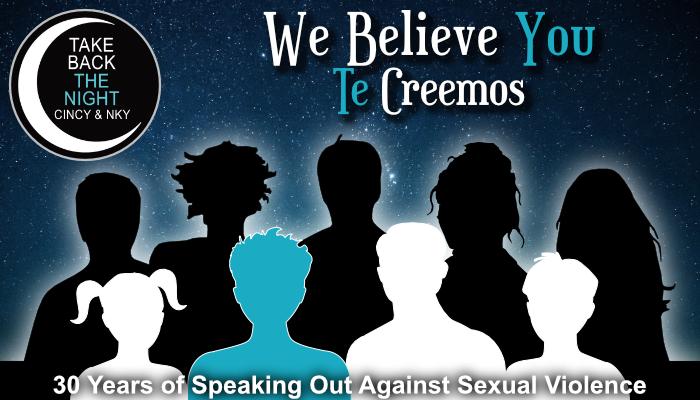 Silhouettes against a starry sky with text "We Believe You / Te Creemos - 30 Years of Speaking Out Against Sexual Violence"
