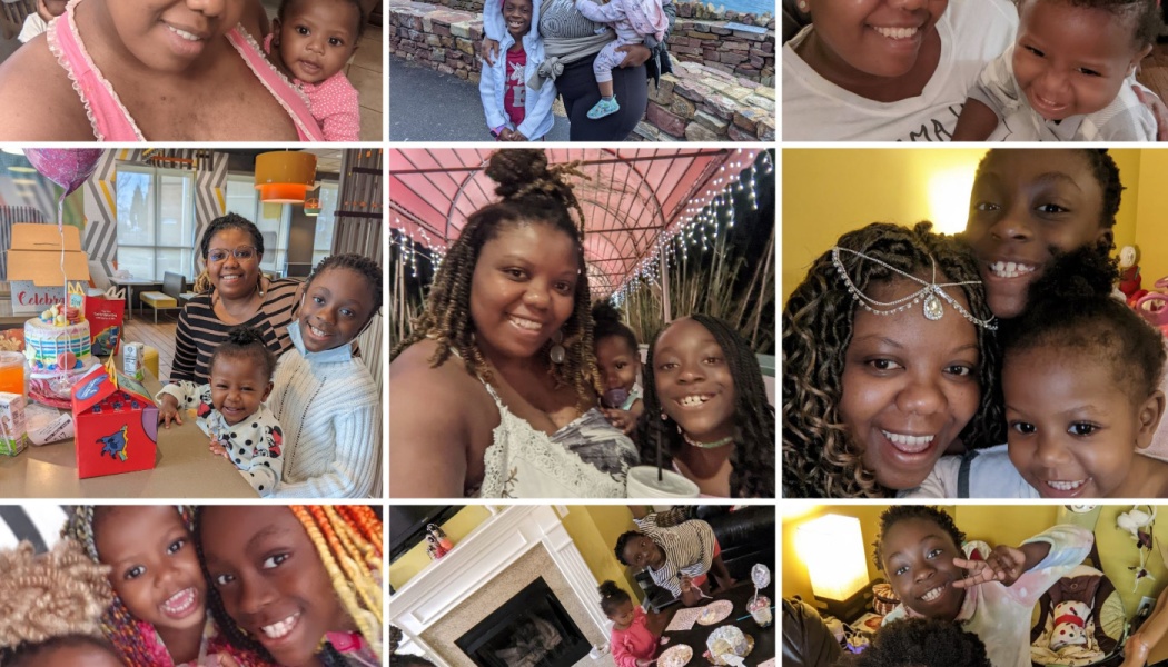 Grid collage of a smiling mother sharing joyful everyday moments and celebrations with her young children.