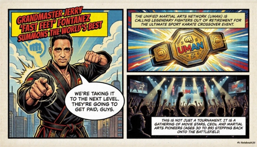 Comic book panels featuring martial artist Jerry Fontanez, a golden UMAN championship belt, and a cheering arena crowd.