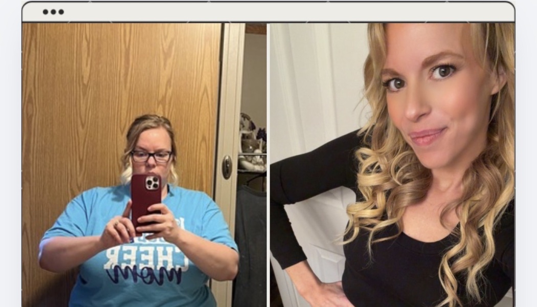Side-by-side before and after photos showing a woman's weight loss transformation.