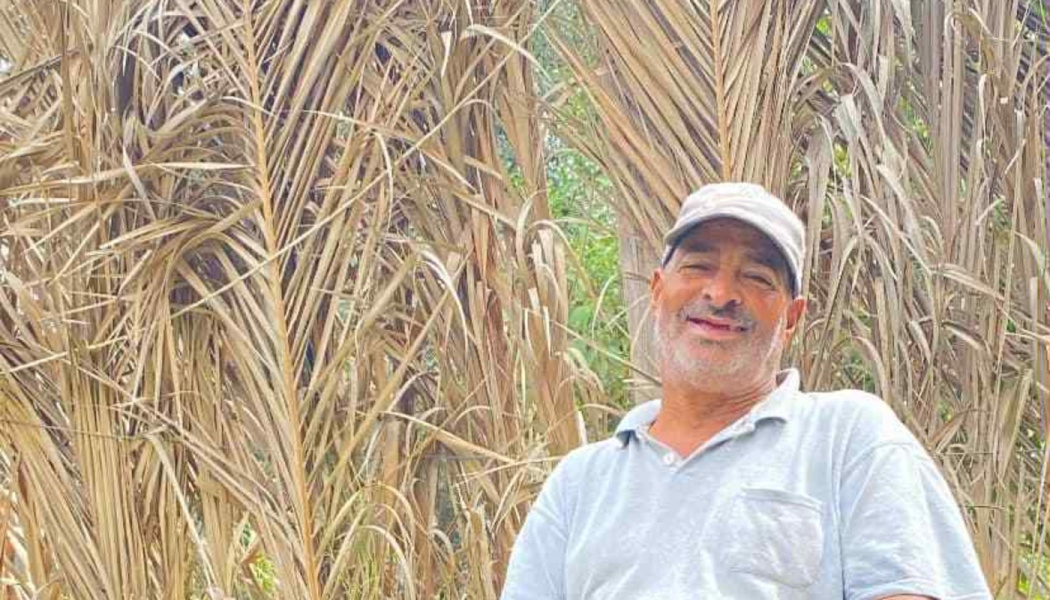 A smiling man wearing a cap and light grey polo shirt standing in front of tall dried palm leaves.