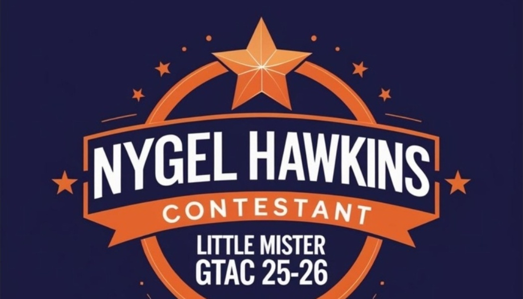 Orange star emblem reading "Nygel Hawkins Contestant Little Mister GTAC 25-26" on a navy background.