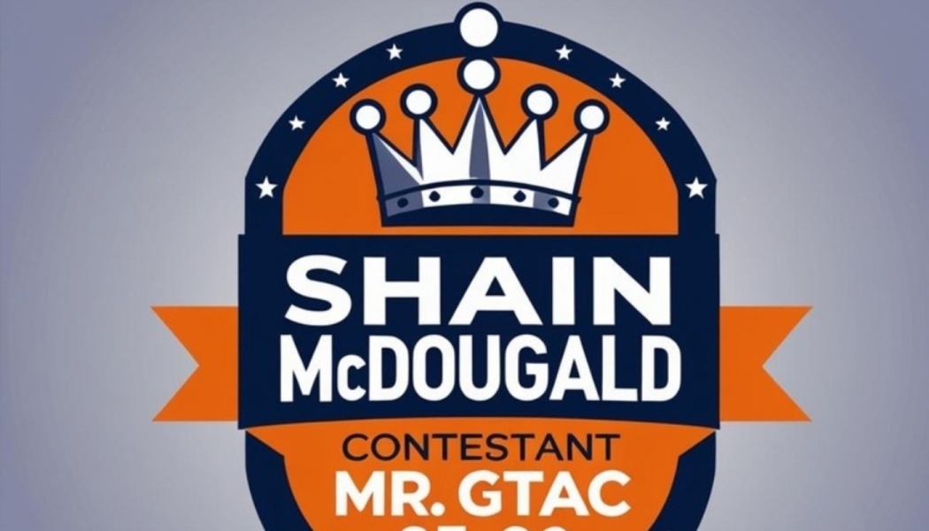 Orange and navy badge with a crown, reading SHAIN MCDOUGALD CONTESTANT MR. GTAC.