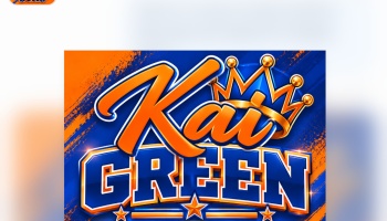 Kai GREEN logo featuring orange script text, bold blue lettering, a golden crown, and stars.
