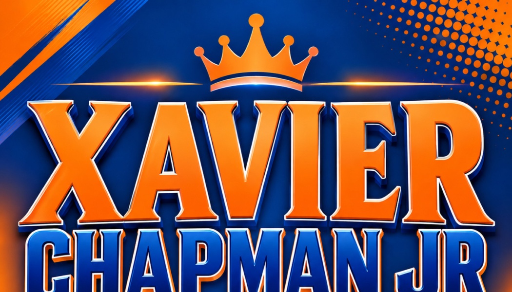 Bold 3D text reading "XAVIER CHAPMAN JR" beneath an orange crown logo on a blue background.