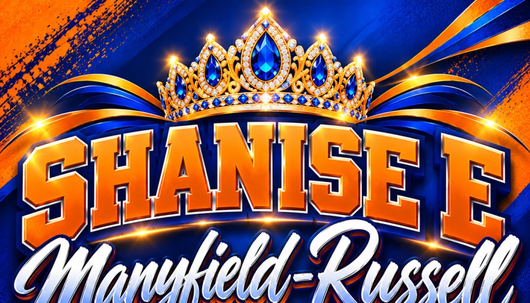 An ornate gold crown with blue jewels above bold text reading SHANISE E Manyfield-Russell.