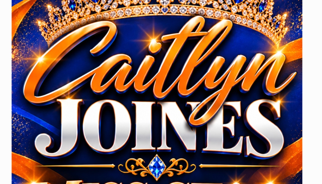 Gold tiara above the name "Caitlyn JOINES" in gold script and silver block letters on a sparkling blue background.