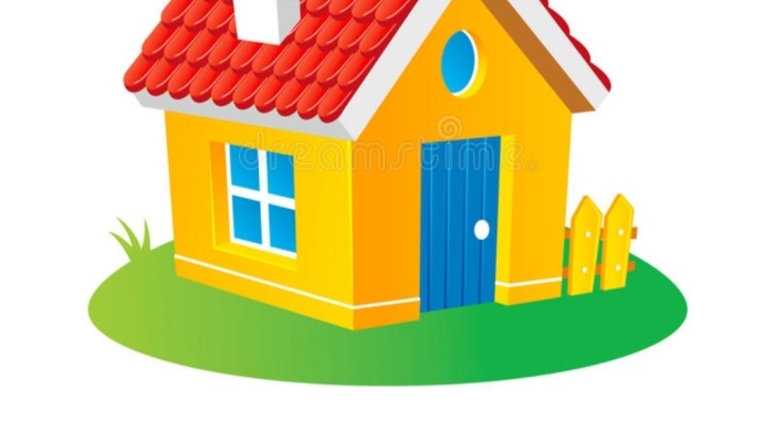 Bright yellow cartoon house with a red tiled roof, blue door, and small fence on a patch of green grass.