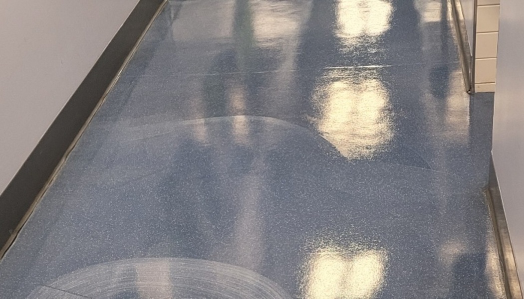 A clean, polished blue speckled hallway floor reflecting bright overhead lights.