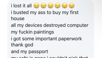 Text message reading "i lost it all", expressing grief over losing a first house, devices, and paintings.