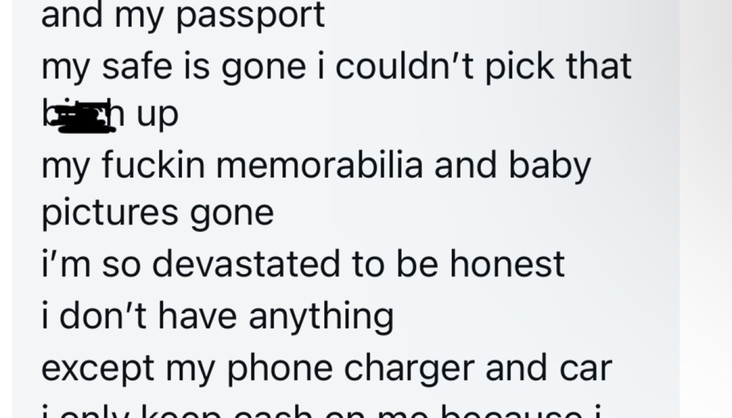 Screenshot of text describing the devastating loss of personal items including a passport, safe, and baby pictures.