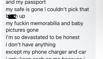 Screenshot of text describing the devastating loss of personal items including a passport, safe, and baby pictures.