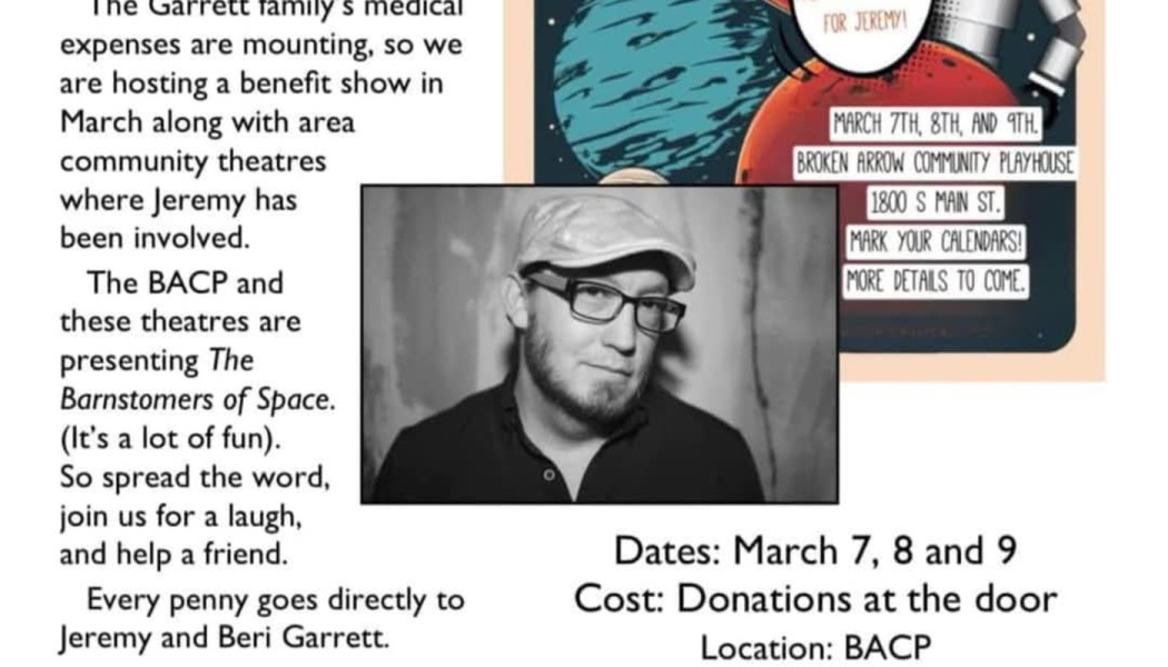 Flyer for a benefit show for the Garrett family medical expenses, featuring a photo of Jeremy and event details.
