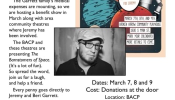 Flyer for a benefit show for the Garrett family medical expenses, featuring a photo of Jeremy and event details.