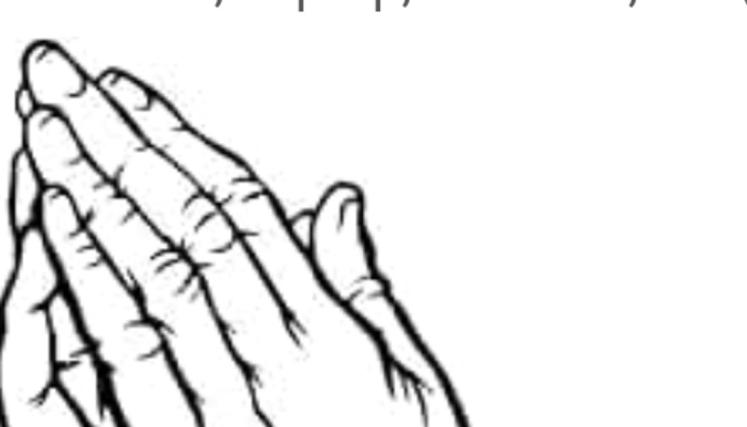 Black and white line art of hands folded together in prayer.