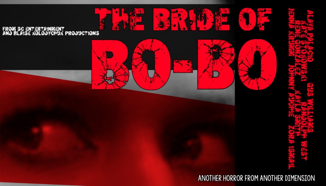 Horror poster for "The Bride of Bo-Bo" featuring cracked red title text over a close-up of eyes illuminated in red.