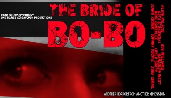 Horror poster for "The Bride of Bo-Bo" featuring cracked red title text over a close-up of eyes illuminated in red.