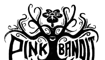 Black and white woodcut logo of a tree with a single eye, swirling branches, and the text "PINK BANDIT".